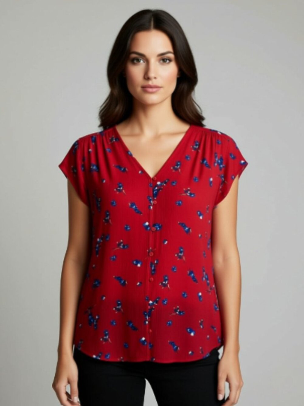 Liz Claiborne Red Floral Button-Front Blouse
